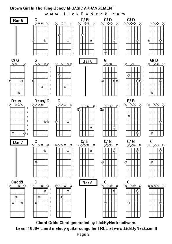 Chord Grids Chart of chord melody fingerstyle guitar song-Brown Girl In The Ring-Boney M-BASIC ARRANGEMENT,generated by LickByNeck software.